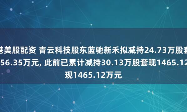港美股配资 青云科技股东蓝驰新禾拟减持24.73万股套现1356.35万元, 此前已累计减持30.13万股套现1465.12万元